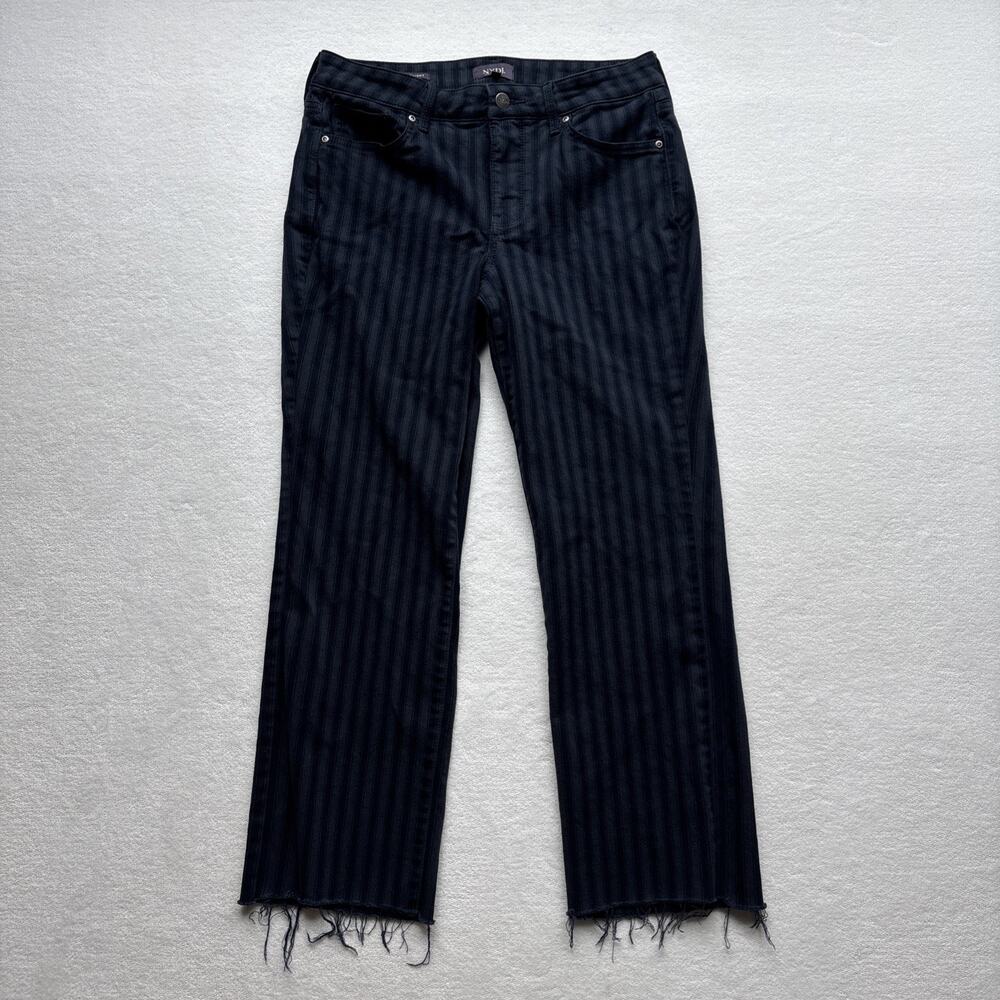 NYDJ Marilyn Straight Jeans Womens 6 Black Pinstripe Raw Hem Lift Tuck Crop Pant